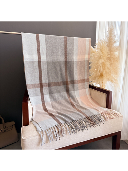 Smoky gray, blush and brown plaid scarf with fringe, full view
