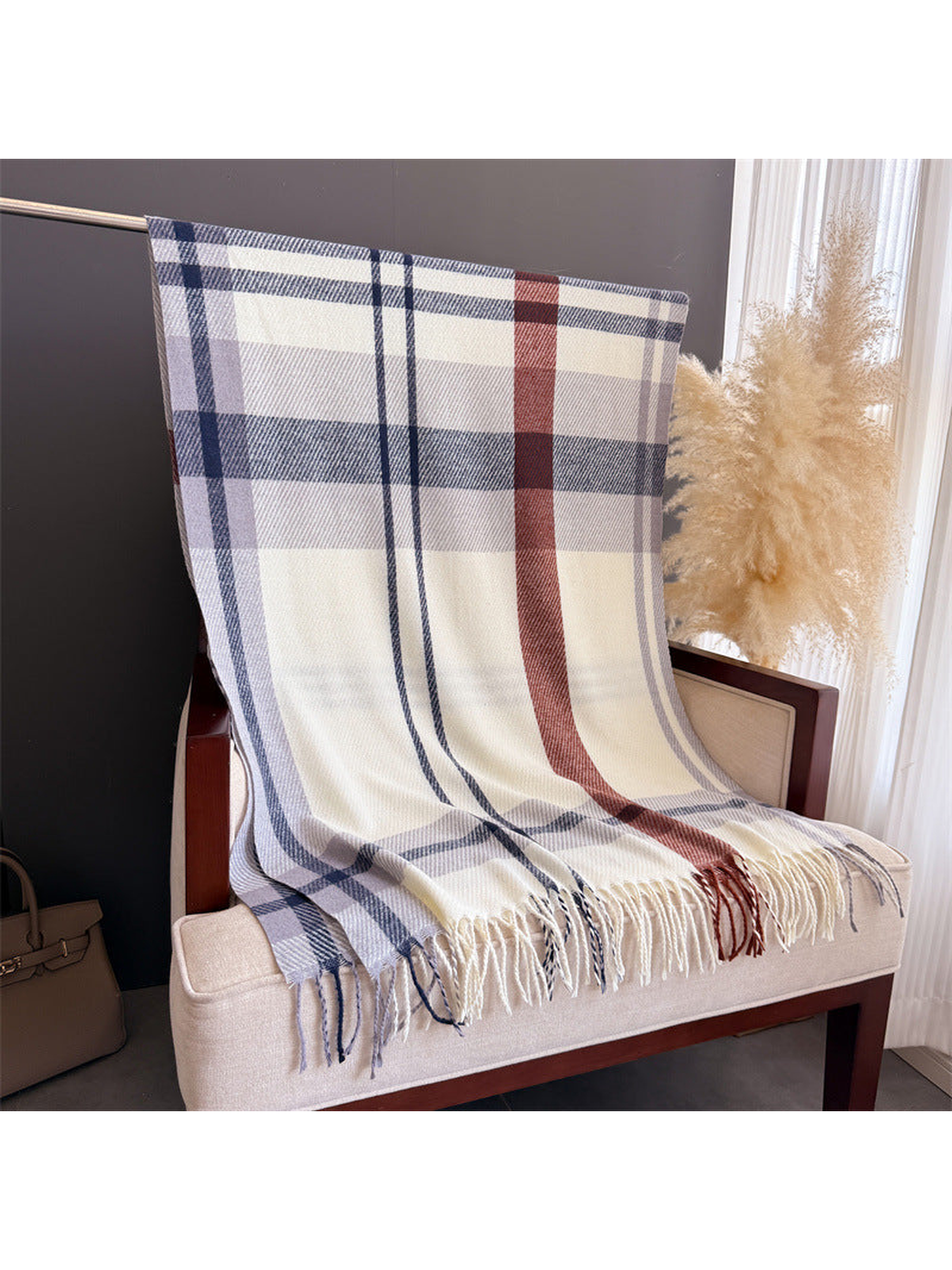 Ivory plaid scarf displayed full length with contrasting stripes and fringe