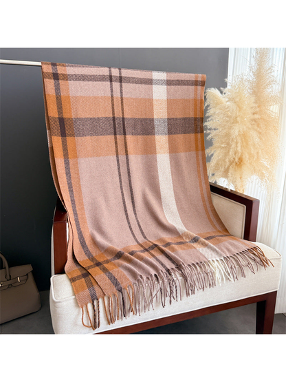 Light coffee plaid scarf displayed full length with fringed ends