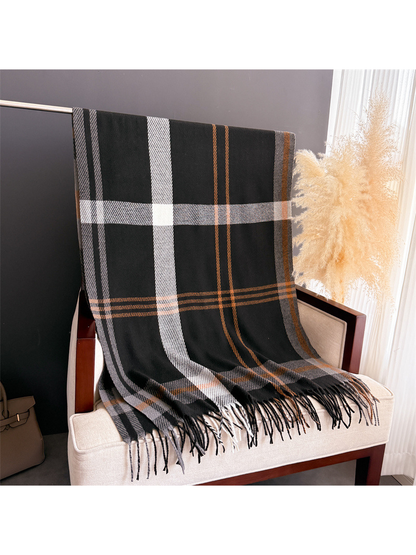 Black plaid scarf displayed full length with gray, ivory and camel stripes