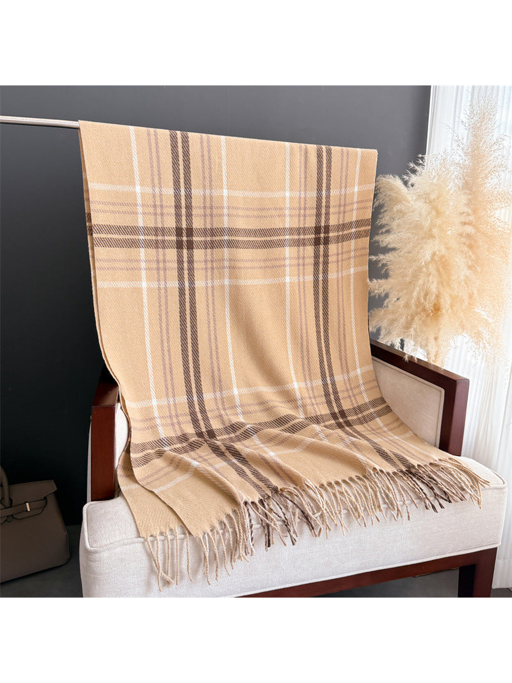Camel plaid fringed scarf displayed at full length