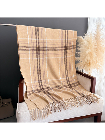 Camel plaid fringed scarf displayed at full length