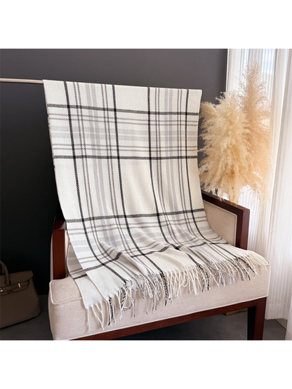 Ivory plaid fringed scarf displayed at full length