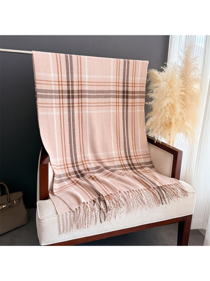 Blush plaid fringed scarf displayed at full length