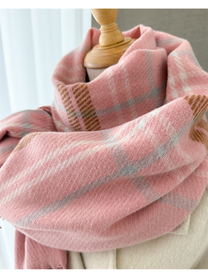 Close-up of pink scarf folds and fine plaid weave