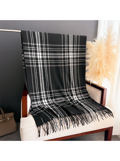 Black plaid fringed scarf displayed at full length