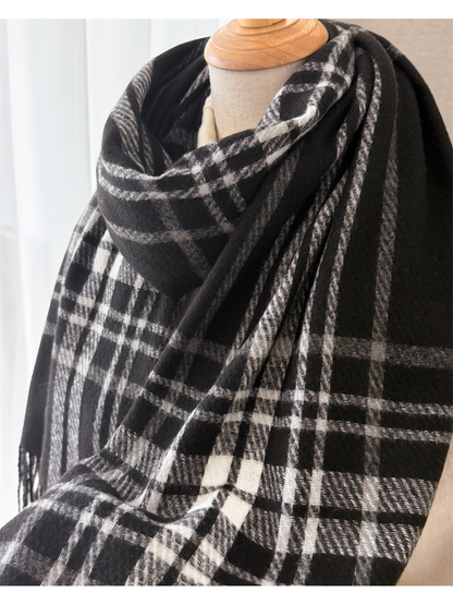 Close-up of black scarf folds and contrasting plaid weave