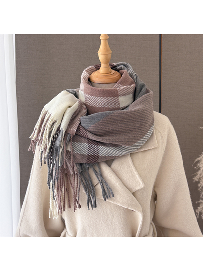 Coffee, gray and ivory plaid scarf wrapped on a mannequin