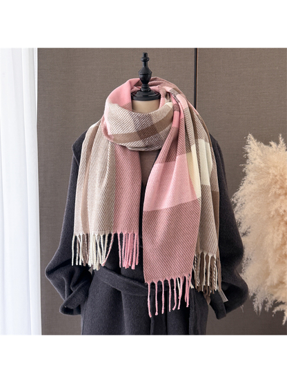 Pink, taupe and ivory plaid scarf styled on a dark mannequin