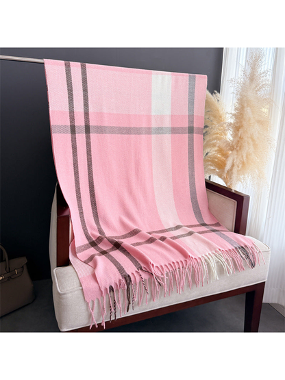 Pink plaid rectangular scarf with fringe displayed full length