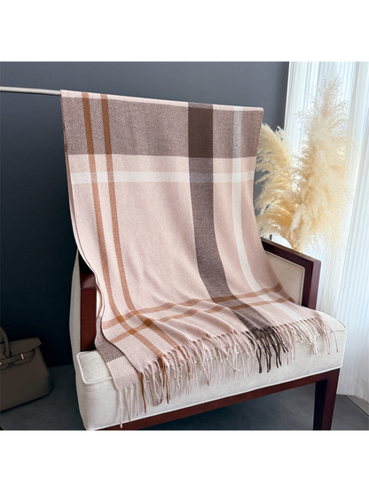 Blush pink plaid rectangular scarf with fringe displayed full length