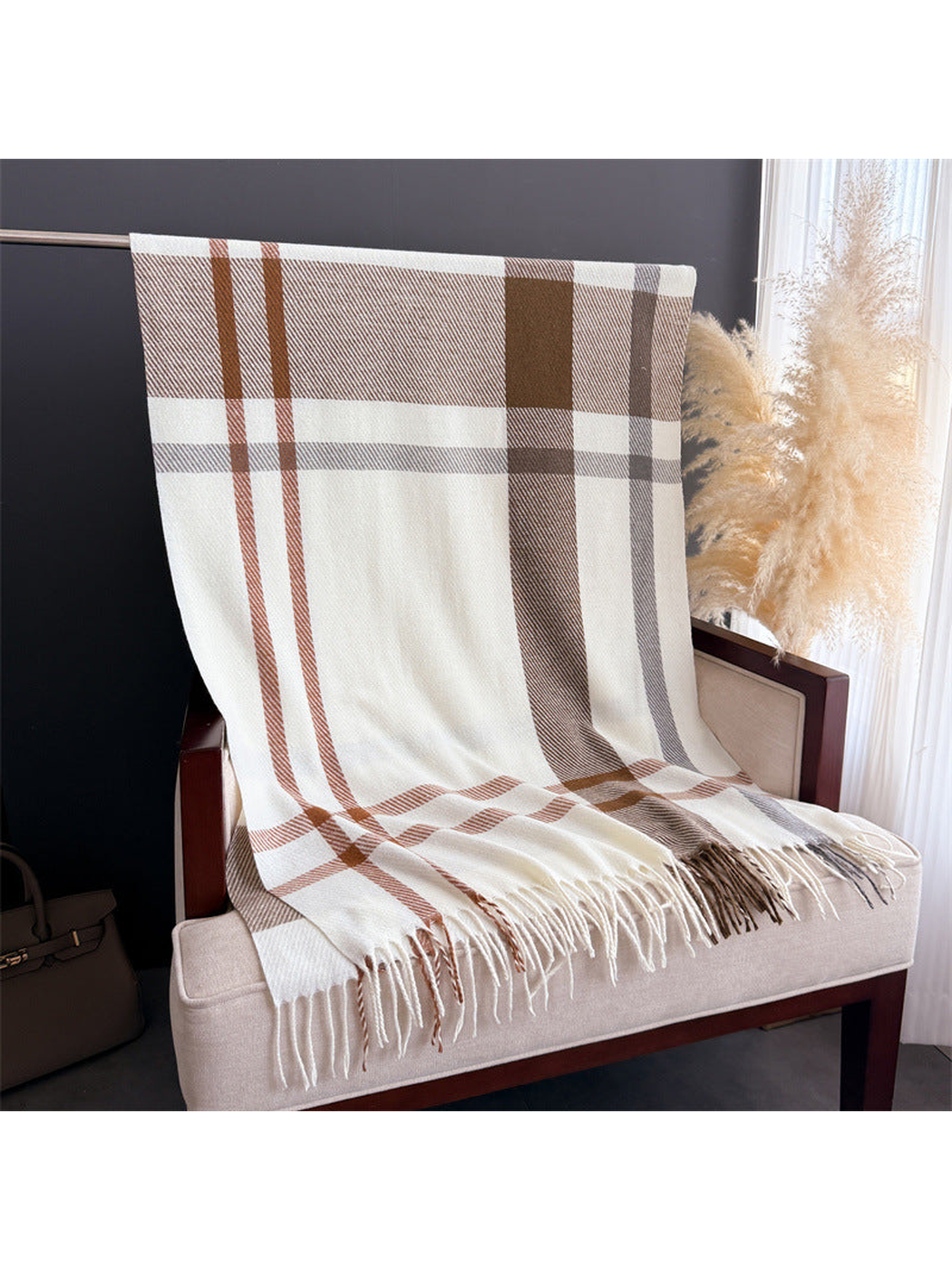 Ivory and brown plaid rectangular scarf with fringe displayed full length