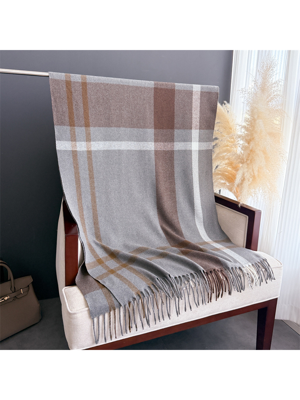 Gray and brown plaid rectangular scarf with fringe displayed full length
