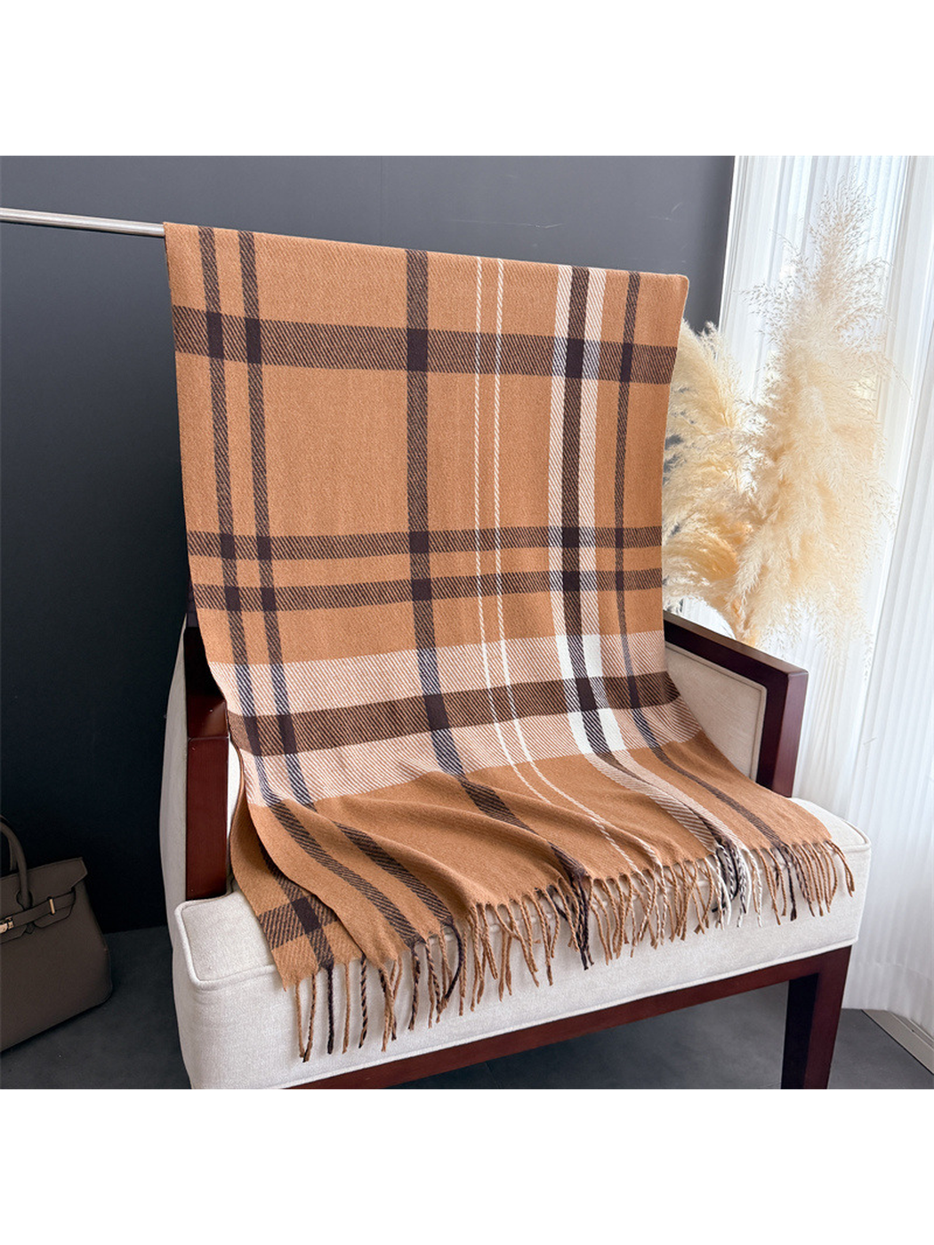 Camel plaid rectangular scarf displayed flat with fringed ends