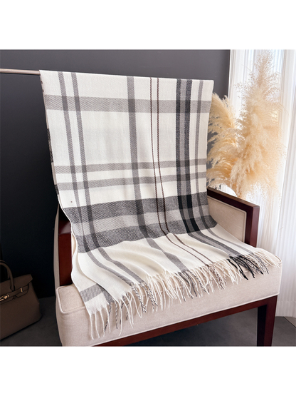 Ivory plaid rectangular scarf displayed flat with fringed ends