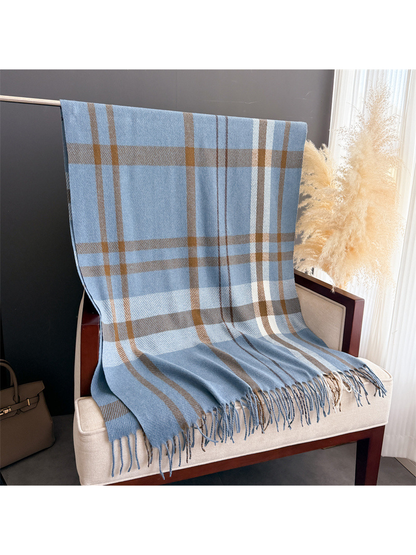 Denim blue plaid rectangular scarf displayed flat with fringed ends