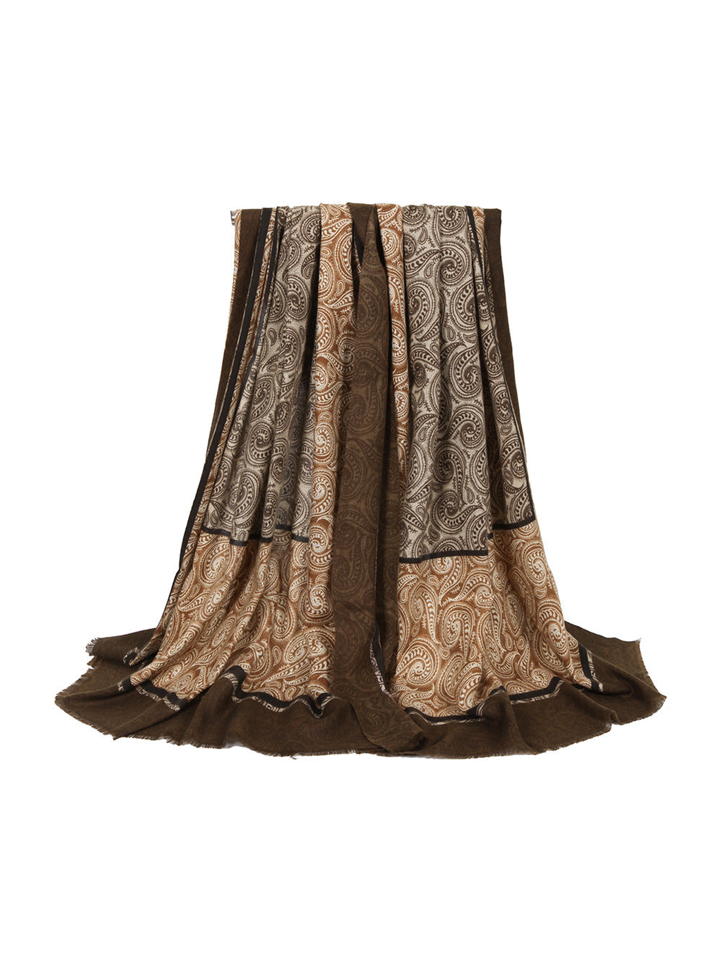 Brown and tan paisley rectangular scarf, full draped view
