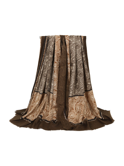 Brown and tan paisley rectangular scarf, full draped view