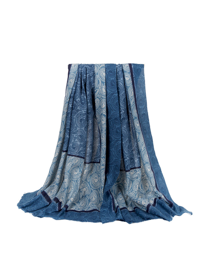 Blue paisley rectangular scarf, full draped view