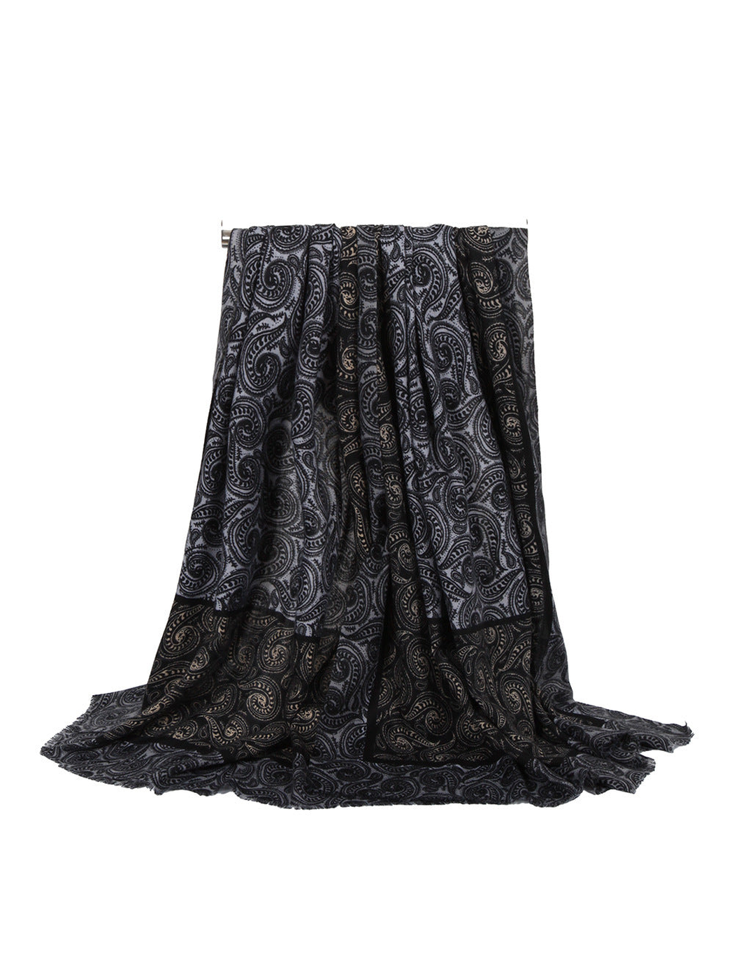 Black and gray paisley rectangular scarf, full draped view