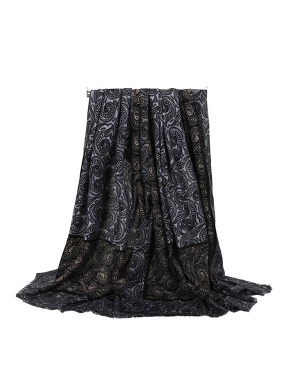 Black and gray paisley rectangular scarf, full draped view
