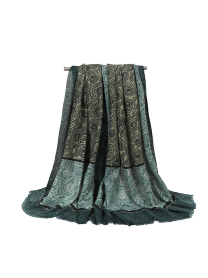 Dark green paisley rectangular scarf, full draped view