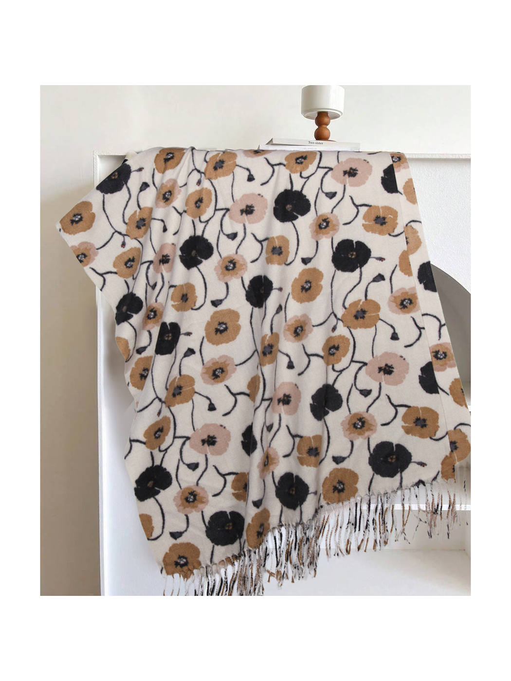 Ivory floral rectangular scarf with long fringe, draped display
