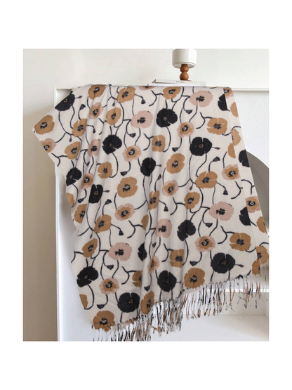 Ivory floral rectangular scarf with long fringe, draped display
