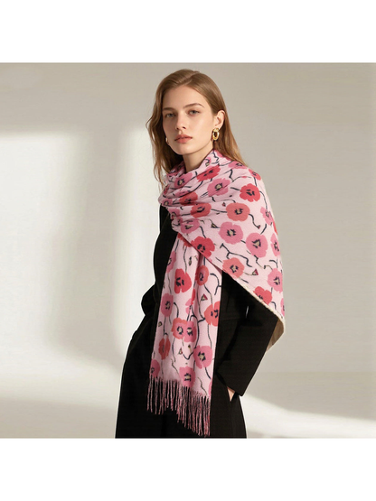 Pink floral scarf wrapped around the neck and draped over one shoulder