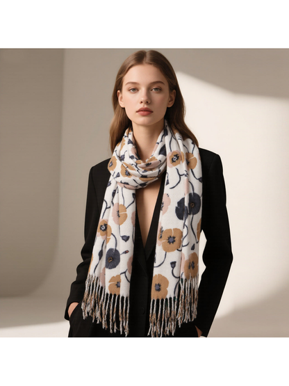 Ivory floral scarf looped around the neck with fringed ends in front