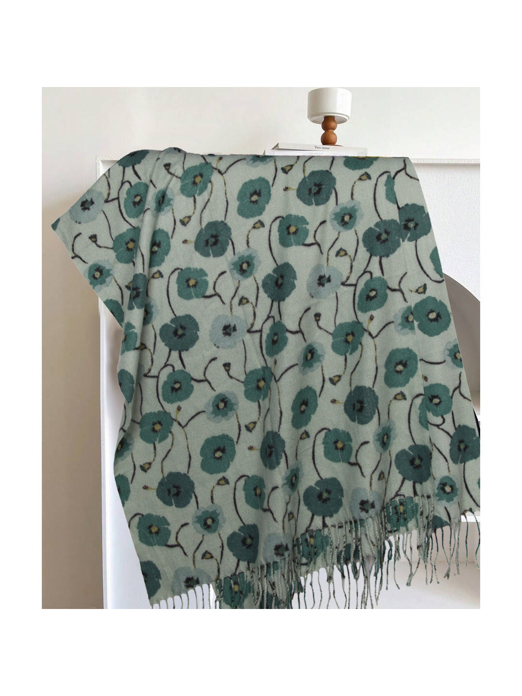 Mint green floral rectangular scarf with long fringe, draped display