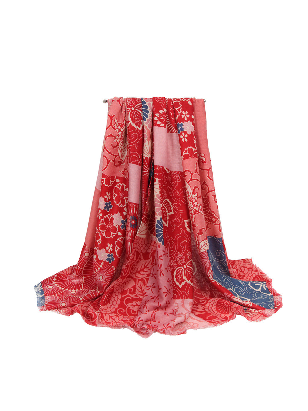 Coral pink patchwork floral scarf in a full draped view