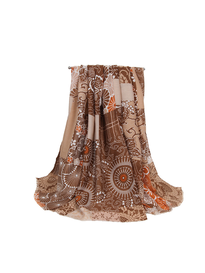 Brown and tan patchwork floral scarf in a full draped view