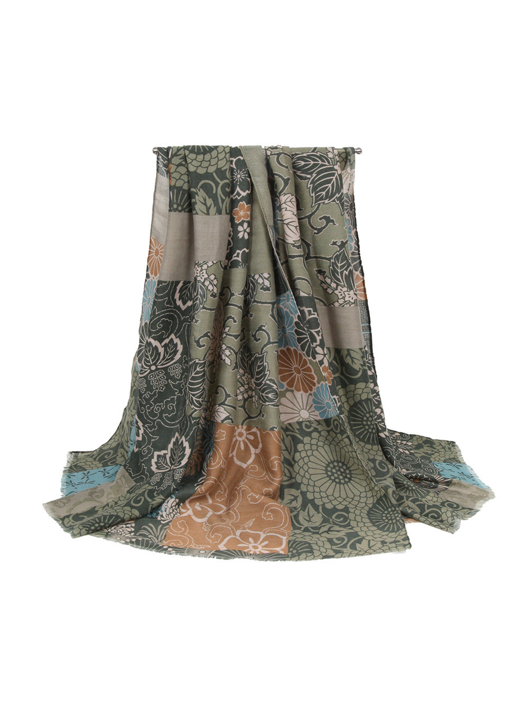 Green patchwork floral scarf in a full draped view