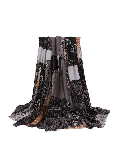 Black and gray patchwork floral scarf in a full draped view