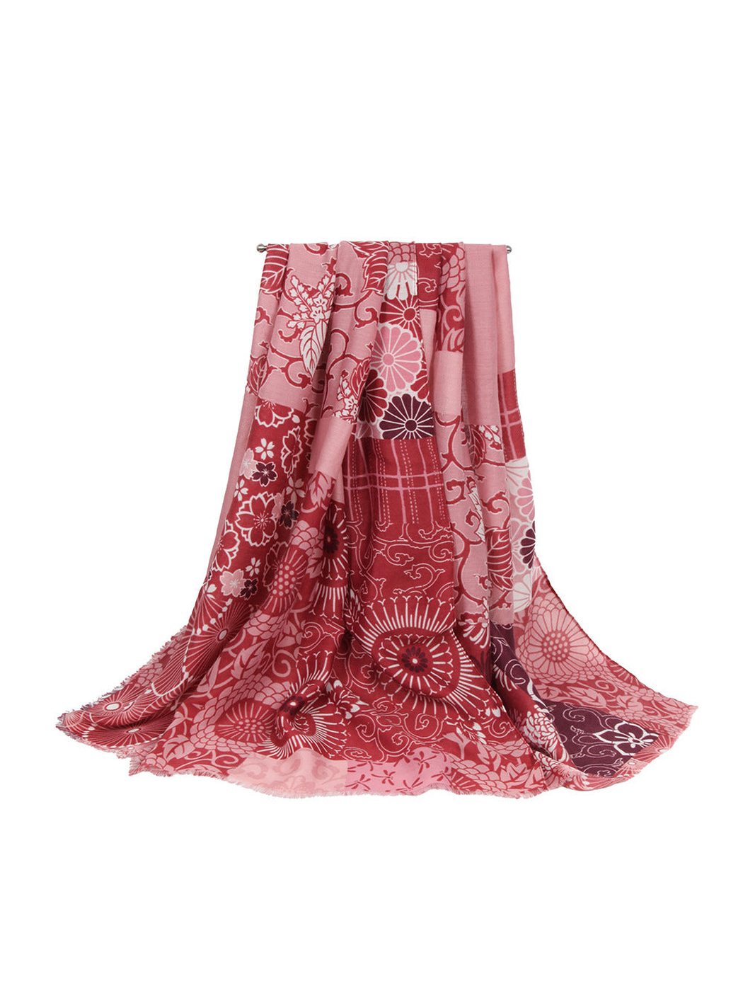 Rose pink patchwork floral scarf in a full draped view