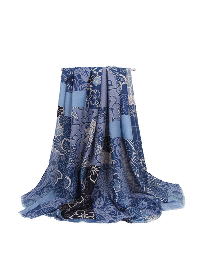 Blue patchwork floral scarf in a full draped view