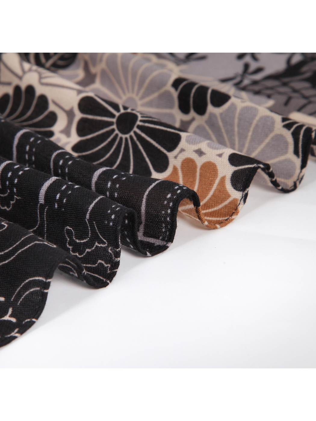 Close-up of the scarf's short fringed edge and printed patchwork border