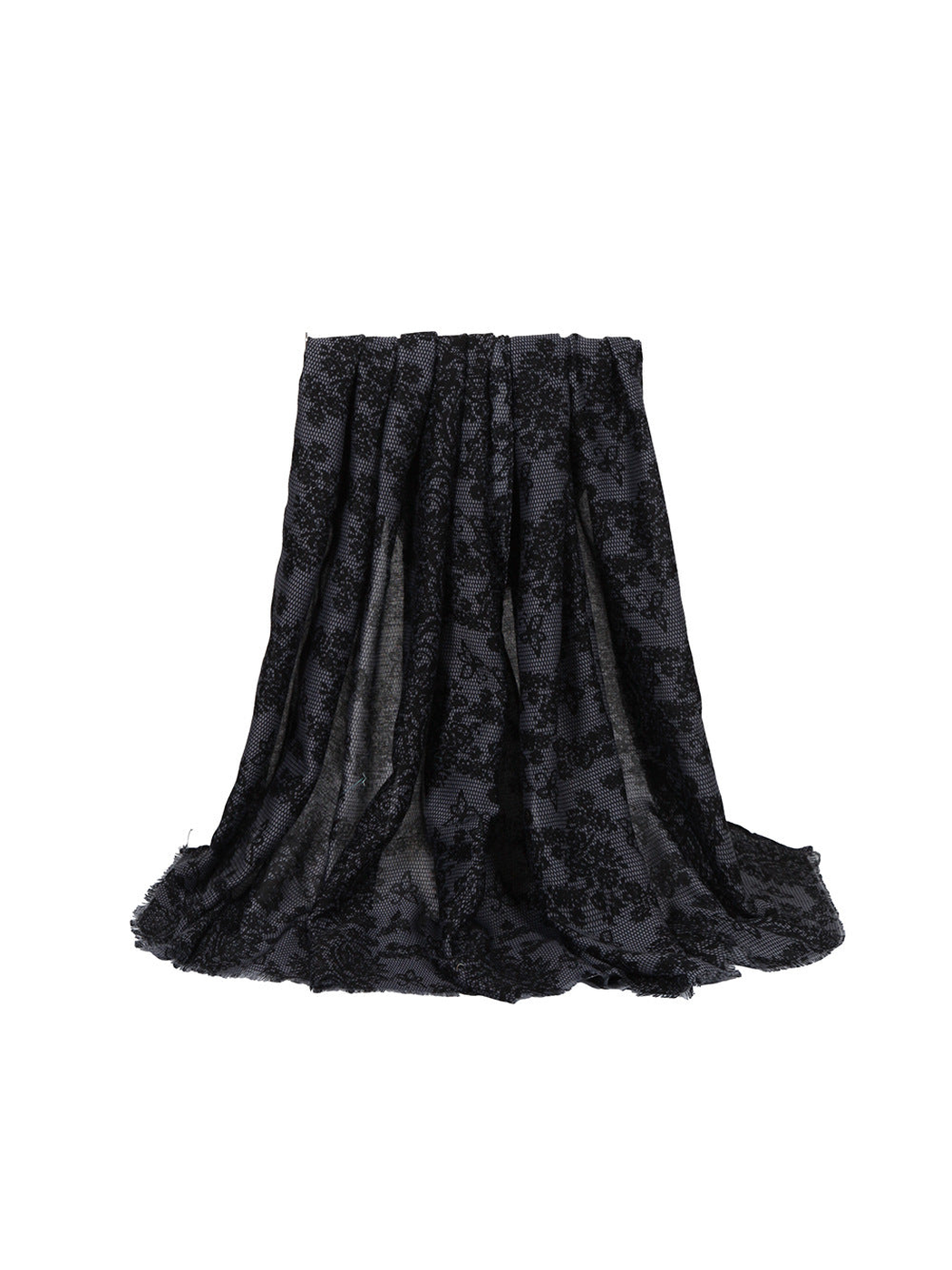 Black Gray scarf with floral and butterfly motifs, draped view