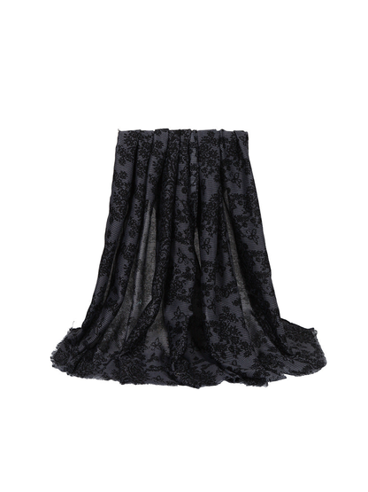 Black Gray scarf with floral and butterfly motifs, draped view