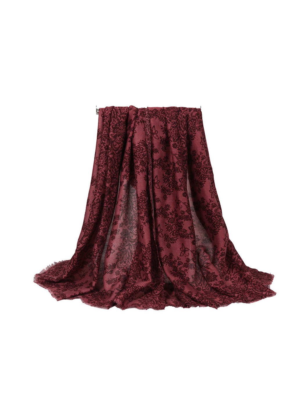 Burgundy scarf with black floral and butterfly motifs, draped view