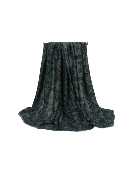 Dark Green scarf with black floral and butterfly motifs, draped view