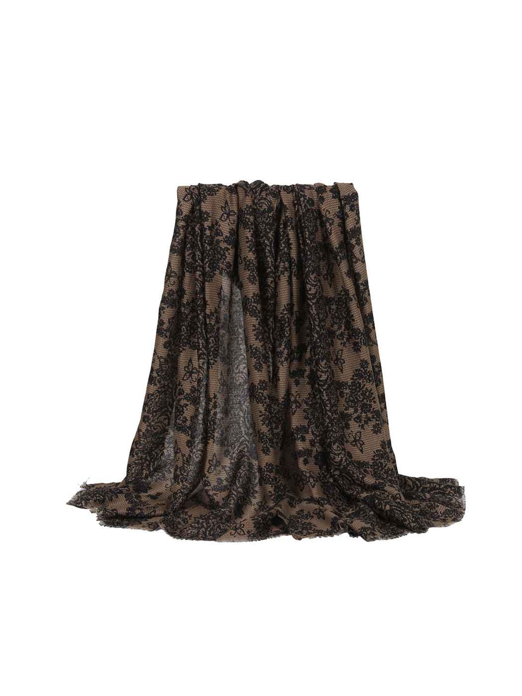 Khaki scarf with black floral and butterfly motifs, draped view