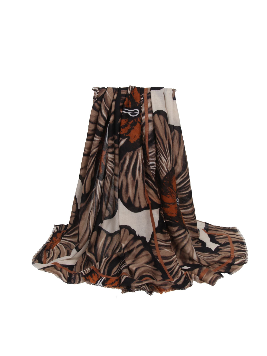 Brown and cream oversized floral scarf in a full draped view
