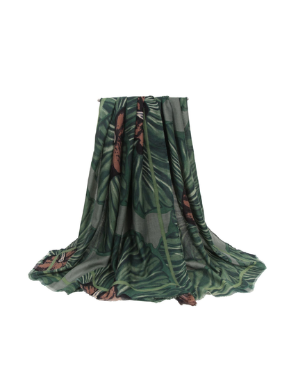 Dark green oversized floral scarf in a full draped view