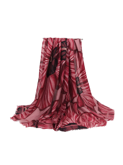 Rose red oversized floral scarf in a full draped view