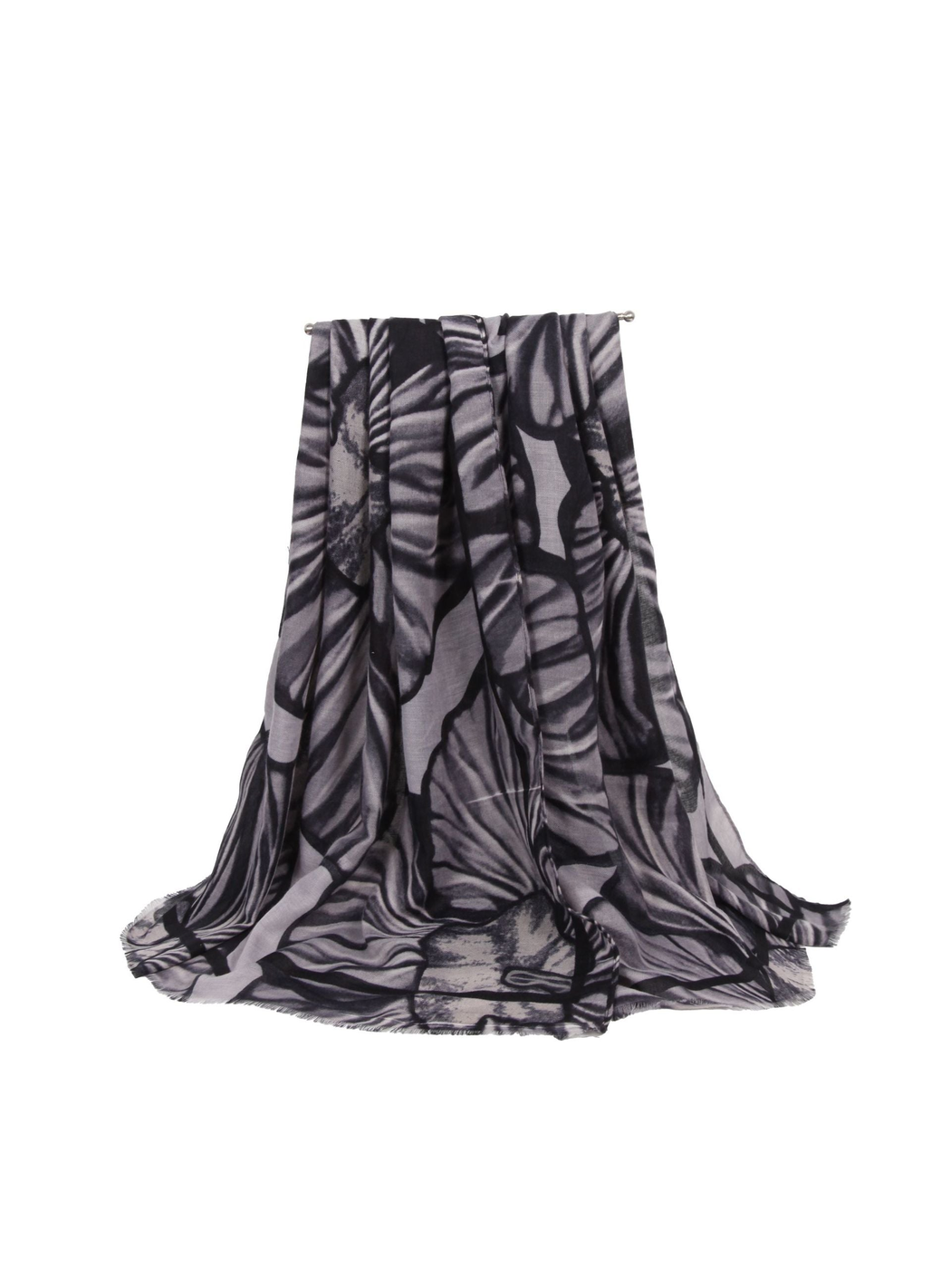 Black and gray oversized floral scarf in a full draped view