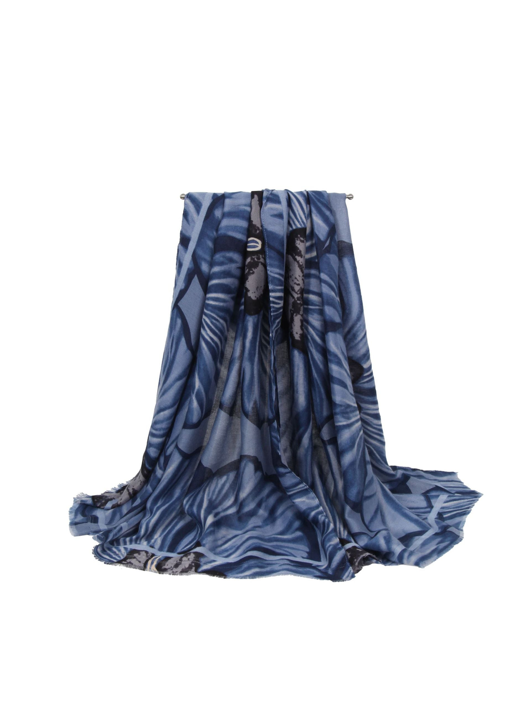 Blue and gray oversized floral scarf in a full draped view