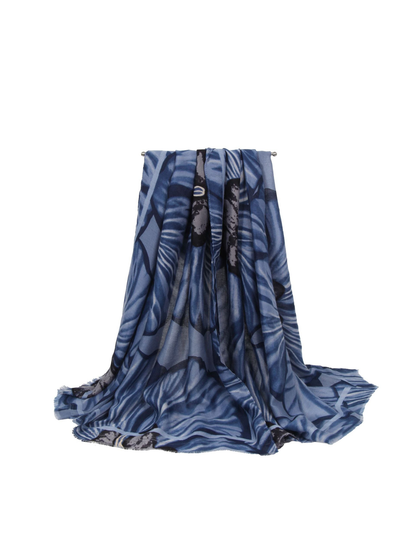 Blue and gray oversized floral scarf in a full draped view