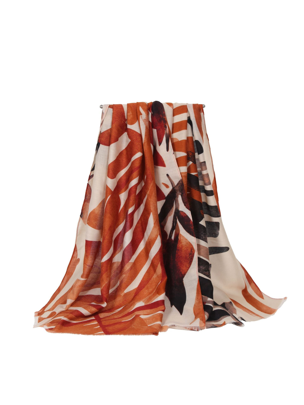 Orange and ivory abstract botanical scarf with striped accents, draped view